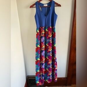 Maxi Blue Racer Back Tank Bodice Long Tropical skirt Dress women’s L